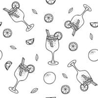Aperol Spritz Cocktails graphic Seamless pattern. Hand drawn illustration of aperol drink glass with orange fruit and slice in Doodle style. For restaurant menus, bar design. vector