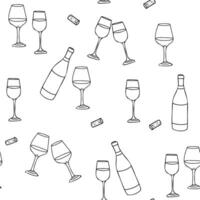 Wine graphic Seamless pattern. Wine Bottle, Cork and clinking Glasses. Hand drawn illustration in Doodle style. For restaurant menus and graphic design projects. vector