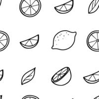 Lemon hand drawn seamless pattern in minimalistic simple style. Black and white Doodle illustration of whole Fruit and Cut Citrus Slices. For paper, menu, fabric. vector