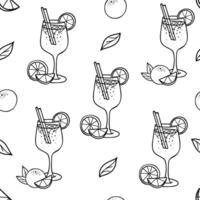 Cocktail Seamless pattern. Aperol Spritz and orange fruit. Hand drawn ink illustration in Doodle style. For restaurant menus, bar design. vector