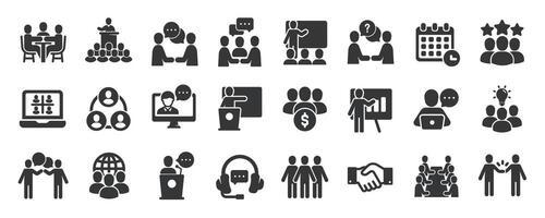 Meeting glyph solid icons collection. Containing business, training, seminar, teamwork, workshop. For website marketing design, logo, app, template, ui, etc vector