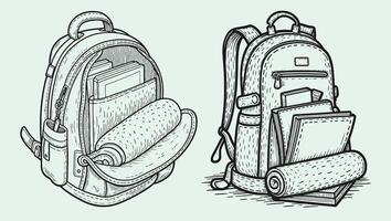 Retro Sketch of School Bag with Books, Papers, and Scrolls vector