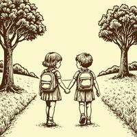 Students Walking Hand in Hand on a Scenic Path with Backpacks for Back to School Adventure vector