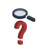 Magnifying glass over a question mark symbolizes the act of searching for answers, exploring the unknown, or investigating a mystery vector