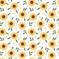 Seamless pattern with sunflower and green leaves on white background. vector
