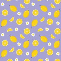 Summer seamless pattern with lemon, lemon slice, white flowers in flat style, purple background. vector