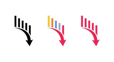 Bar chart collapse icon with downward arrow. Decline and negative trend sign symbol vector