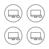 Computer error icon set. Warning sign on PC screen symbol on circle line vector