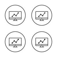 Line chart with computer screen icon. Statistics report symbol on circle outline vector