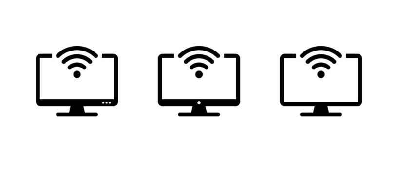WIFI signal with computer monitor icon. Desktop PC with wireless network sign symbol vector