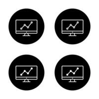 Line chart with computer screen icon. Statistics report symbol on black circle vector