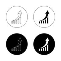 Bar graph growth arrow icon on black circle. Chart increase sign symbol vector