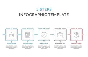 Infographic template with five squares with text and line icons, process diagram, workflow, five steps or options vector