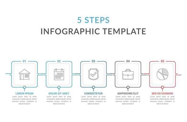 Infographic template with five squares with text and line icons, process diagram, workflow, five steps or options