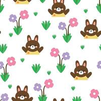 cute drawing cartoon rabbit with flowers and leaves, seamless pattern. animal pattern in white background for wallpaper vector