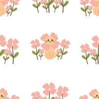 Cute drawing cartoon cat with flowers and leaves seamless pattern. animal pattern in white background for wallpaper vector