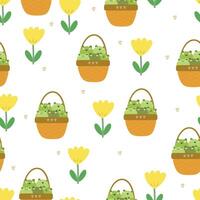 cute drawing cartoon frog with flowers and leaves in the basket, seamless pattern. animal pattern in white background for wallpaper vector