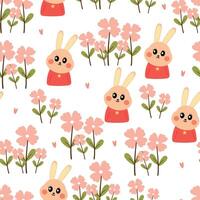 Cute drawing cartoon rabbit with flowers and leaves seamless pattern. animal pattern in white background for wallpaper vector