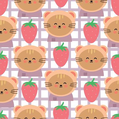 Seamless pattern cute cartoon cat in bear costume and strawberries. cute animal drawing for spring wallpaper and background