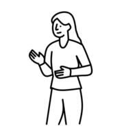 Minimalist line art of a woman standing with hand gestures, appearing to explain or present something. Symbol of public speaking, conversation, or body language in communication context. vector