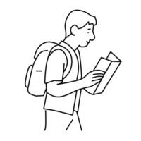 A basic line drawing of a man with a backpack, looking at an open book or map. Suggests travel, exploration, or studying. vector