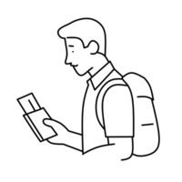 A simple line drawing of a man with a backpack looking at a passport and ticket. Represents travel preparations or checking documents. vector
