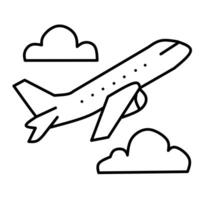 A simple line drawing of an airplane flying among clouds. Represents air travel, transportation, and journeys by plane. vector