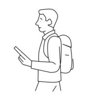 A basic line drawing of a man with a backpack, looking at his phone or device. Suggests travel, technology use, or searching for information. vector