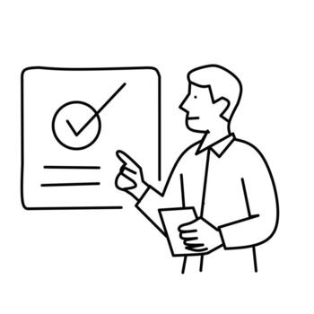 un minimalista negro y blanco línea dibujo representa un persona en pie y señalando hacia un tablero o pantalla mostrando un grande marca de verificación dentro un circulo vector