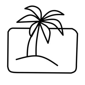 un limpiar línea Arte representación de un tropical palma árbol en un pequeño isla, enmarcado dentro un amable redondeado rectángulo. esta sencillo diseño evoca vacaciones, verano, y exótico destinos vector