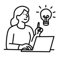 A minimalist black and white line drawing shows a woman sitting at a laptop with a light bulb illuminated above her head, indicating she has an idea. vector