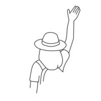 A simple line drawing from the back of a figure wearing a hat and raising their hand. Could represent waving, greeting, or asking for attention. vector