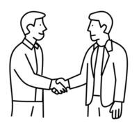 A minimalist black and white line drawing depicts two men in business attire shaking hands, indicating an agreement or partnership. vector