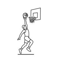 Minimalist one line illustration of a basketball player jumping for a slam dunk. Dynamic and clean design suitable for sports branding, posters, team identity, or athletic-themed projects. vector
