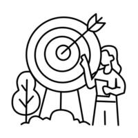 Line art of a woman pointing at a dart hitting the center of a target board. Symbol of goal achievement, focus, business success, and strategic planning in minimalistic style. vector