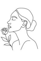A woman with a rose in her hand and a line drawing of her face vector