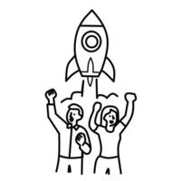 A minimalist black and white line drawing shows two jubilant people with raised fists watching a rocket launch upwards vector