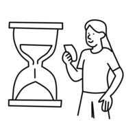 A minimalist black and white line drawing shows a person looking at their phone next to a large hourglass with sand flowing downwards. vector