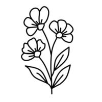 Minimalist line art drawing of three blooming flowers with leaves. Perfect for botanical design, tattoo template, decorative elements, and floral patterns. vector
