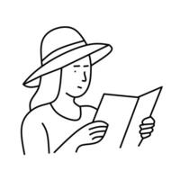 A minimalist line drawing of a woman wearing a wide-brimmed hat, reading an open booklet or map. Conveys travel, reading, or information seeking. vector