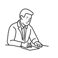 Man writing on paper in office, line drawing vector