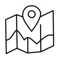 A simple line drawing of an open, folded map with a location pin on top. Represents navigation, travel, and finding a specific place. vector
