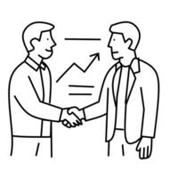 A minimalist black and white line drawing depicts two business professionals shaking hands in front of a chart showing an upward trend. vector