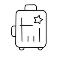 Simple line art of a suitcase with a handle, wheels, and a star detail. Represents travel, luggage, vacation, and getting away. vector