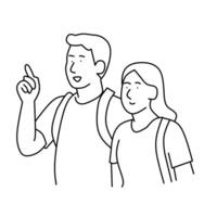 A simple line drawing of a man with a backpack pointing and a woman with a shoulder bag looking in the same direction. Represents travel or sightseeing together. vector