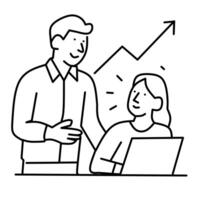 Line art of a man mentoring a woman working on a laptop, with a rising graph symbolizing growth. Concept of support, guidance, teamwork, leadership, and business success in the workplace. vector