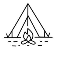 A simple line drawing of a tent with a campfire in front. Represents camping, outdoor adventure, and spending time in nature. vector