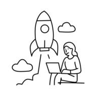 A minimalist black and white line drawing depicts a person sitting and working on a laptop as a rocket launches upwards in the background, surrounded by clouds. vector
