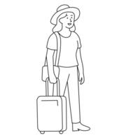 A simple line drawing of a woman wearing a hat, pulling a rolling suitcase and with a shoulder bag. Represents travel and going on a trip. vector