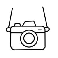 A basic line drawing of a camera with a lens and a strap. Represents photography, capturing memories, and visual documentation. vector